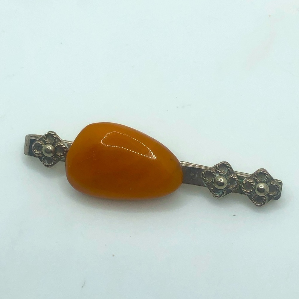 Vtg Baltic Amber Floral Silver Tone Metal Money / Tie Clip 2.2” / 1” Amber Stone